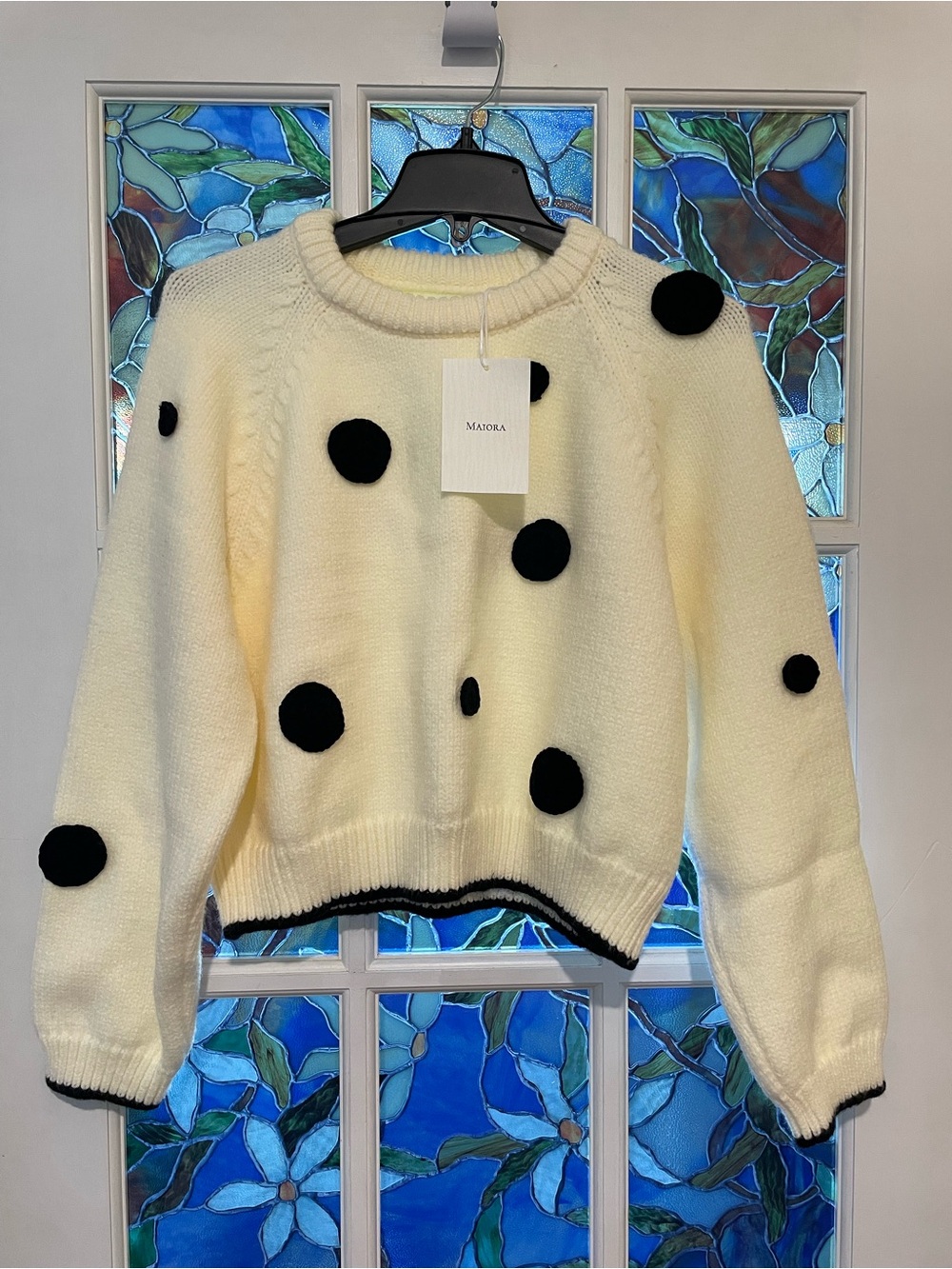New Cream Crewneck Sweater with Black Pom PolkDot Accents